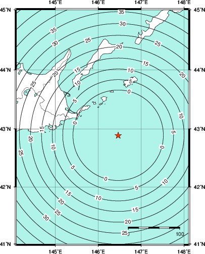 緊急地震速報第1報提供から主要動到達までの時間及び推計震度分布図