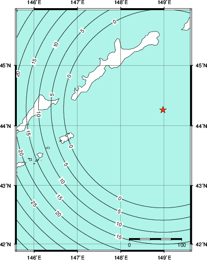 緊急地震速報第1報提供から主要動到達までの時間及び推計震度分布図