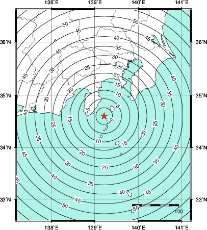 緊急地震速報第1報提供から主要動到達までの時間及び推計震度分布図