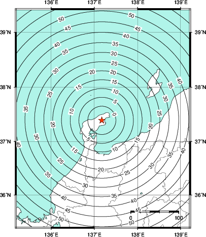 緊急地震速報第1報提供から主要動到達までの時間及び推計震度分布図