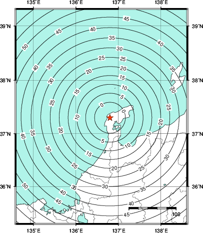 緊急地震速報第1報提供から主要動到達までの時間及び推計震度分布図