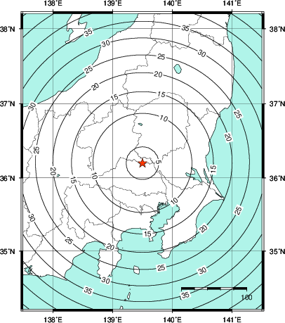 緊急地震速報第1報提供から主要動到達までの時間及び推計震度分布図