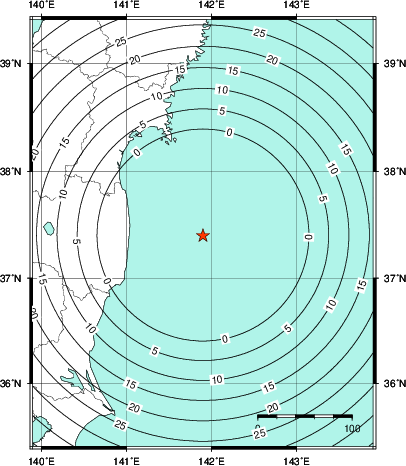 緊急地震速報第1報提供から主要動到達までの時間及び推計震度分布図