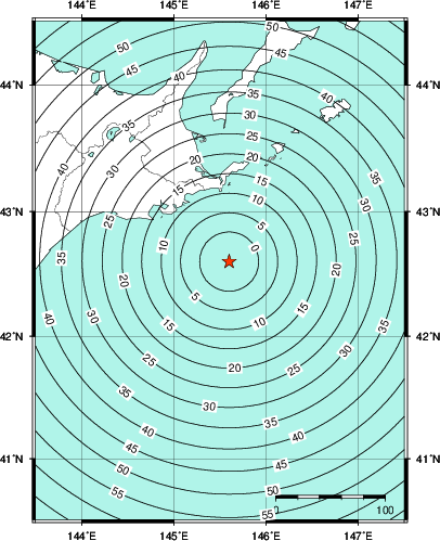 緊急地震速報第1報提供から主要動到達までの時間及び推計震度分布図