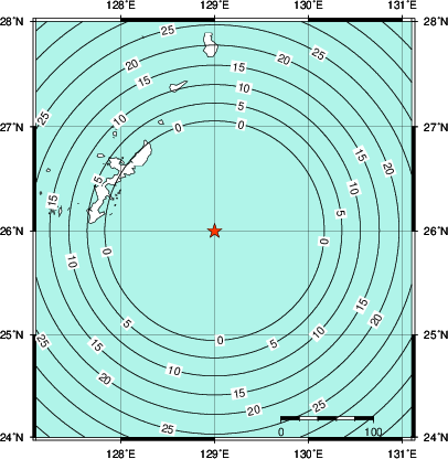 緊急地震速報第1報提供から主要動到達までの時間及び推計震度分布図