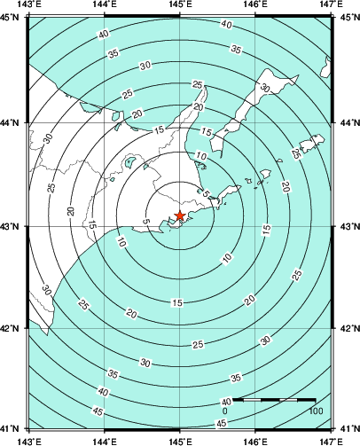 緊急地震速報第1報提供から主要動到達までの時間及び推計震度分布図