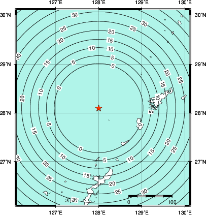 緊急地震速報第1報提供から主要動到達までの時間及び推計震度分布図