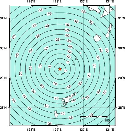 緊急地震速報第1報提供から主要動到達までの時間及び推計震度分布図
