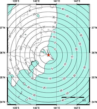 緊急地震速報第1報提供から主要動到達までの時間及び推計震度分布図