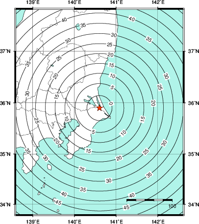 緊急地震速報第1報提供から主要動到達までの時間及び推計震度分布図