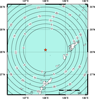 緊急地震速報第1報提供から主要動到達までの時間及び推計震度分布図