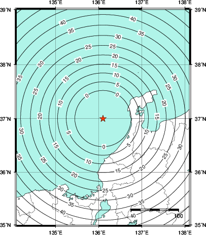 緊急地震速報第1報提供から主要動到達までの時間及び推計震度分布図