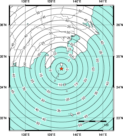 緊急地震速報第1報提供から主要動到達までの時間及び推計震度分布図