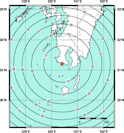 緊急地震速報第1報提供から主要動到達までの時間及び推計震度分布図
