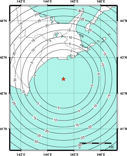 緊急地震速報第1報提供から主要動到達までの時間及び推計震度分布図
