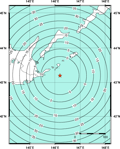 緊急地震速報第1報提供から主要動到達までの時間及び推計震度分布図