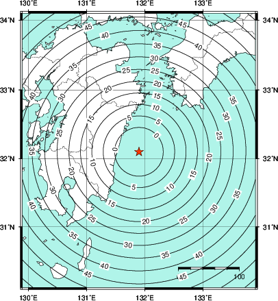 緊急地震速報第1報提供から主要動到達までの時間及び推計震度分布図