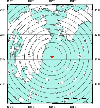 緊急地震速報第1報提供から主要動到達までの時間及び推計震度分布図