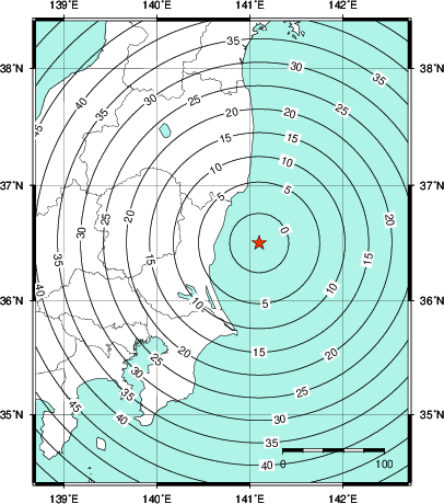 緊急地震速報第1報提供から主要動到達までの時間及び推計震度分布図