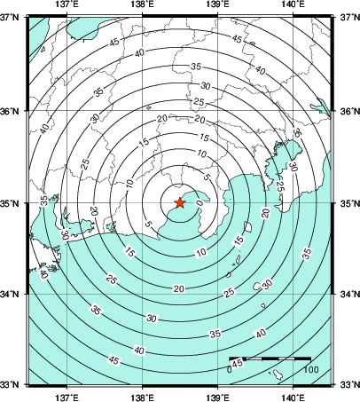 緊急地震速報第1報提供から主要動到達までの時間及び推計震度分布図