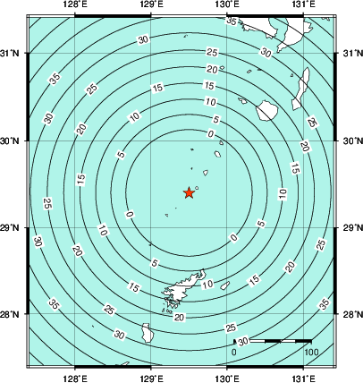 緊急地震速報第1報提供から主要動到達までの時間及び推計震度分布図