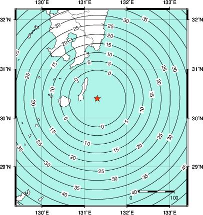 緊急地震速報第1報提供から主要動到達までの時間及び推計震度分布図