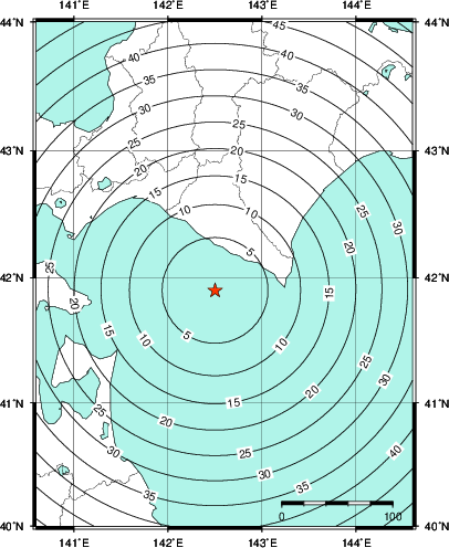 緊急地震速報第1報提供から主要動到達までの時間及び推計震度分布図