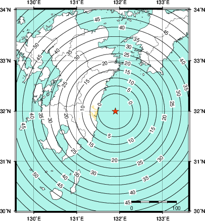緊急地震速報第1報提供から主要動到達までの時間及び推計震度分布図