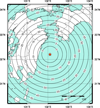 緊急地震速報第1報提供から主要動到達までの時間及び推計震度分布図