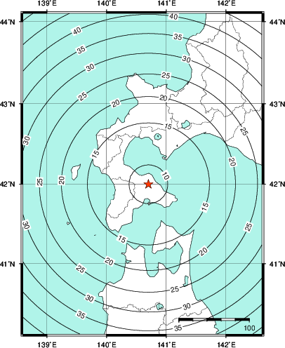 緊急地震速報第1報提供から主要動到達までの時間及び推計震度分布図