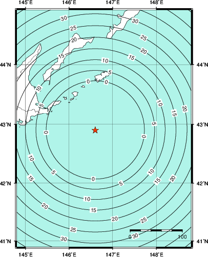 緊急地震速報第1報提供から主要動到達までの時間及び推計震度分布図