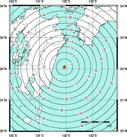緊急地震速報第1報提供から主要動到達までの時間及び推計震度分布図