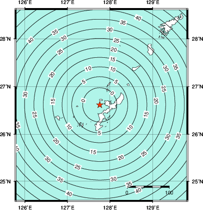 緊急地震速報第1報提供から主要動到達までの時間及び推計震度分布図