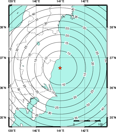 緊急地震速報第1報提供から主要動到達までの時間及び推計震度分布図