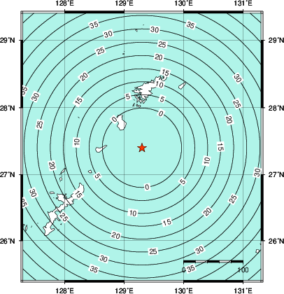 緊急地震速報第1報提供から主要動到達までの時間及び推計震度分布図