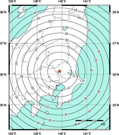 緊急地震速報第1報提供から主要動到達までの時間及び推計震度分布図