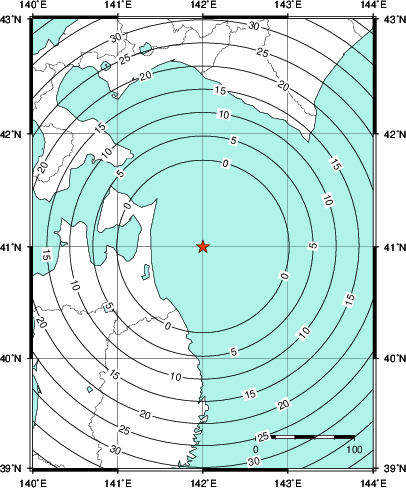 緊急地震速報第1報提供から主要動到達までの時間及び推計震度分布図