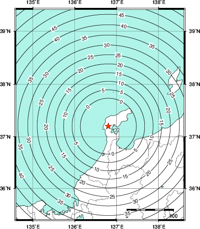 緊急地震速報第1報提供から主要動到達までの時間及び推計震度分布図