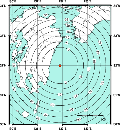 緊急地震速報第1報提供から主要動到達までの時間及び推計震度分布図