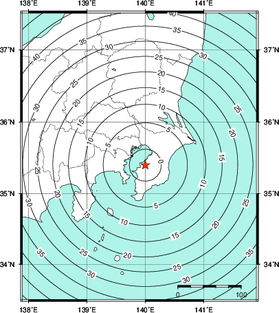 緊急地震速報第1報提供から主要動到達までの時間及び推計震度分布図