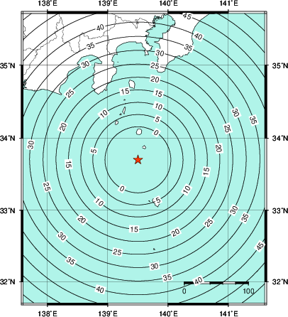 緊急地震速報第1報提供から主要動到達までの時間及び推計震度分布図