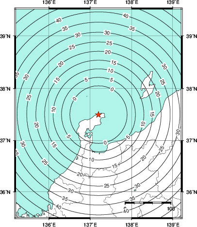緊急地震速報第1報提供から主要動到達までの時間及び推計震度分布図