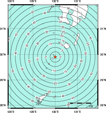緊急地震速報第1報提供から主要動到達までの時間及び推計震度分布図
