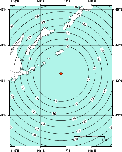 緊急地震速報第1報提供から主要動到達までの時間及び推計震度分布図