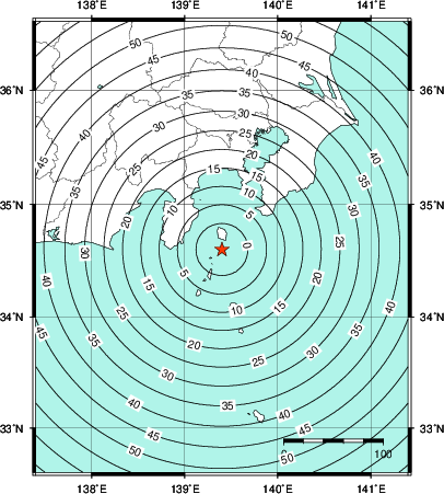 緊急地震速報第1報提供から主要動到達までの時間及び推計震度分布図
