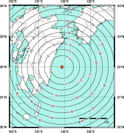 緊急地震速報第1報提供から主要動到達までの時間及び推計震度分布図
