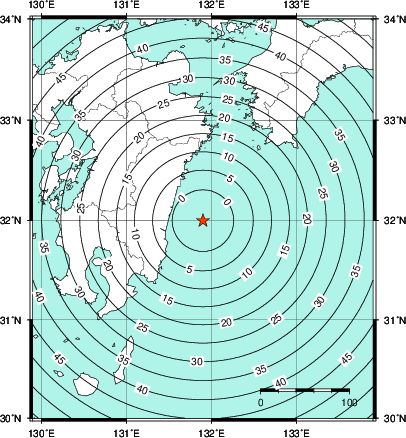 緊急地震速報第1報提供から主要動到達までの時間及び推計震度分布図