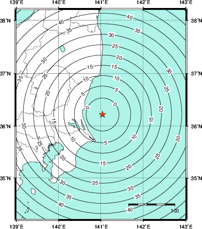 緊急地震速報第1報提供から主要動到達までの時間及び推計震度分布図