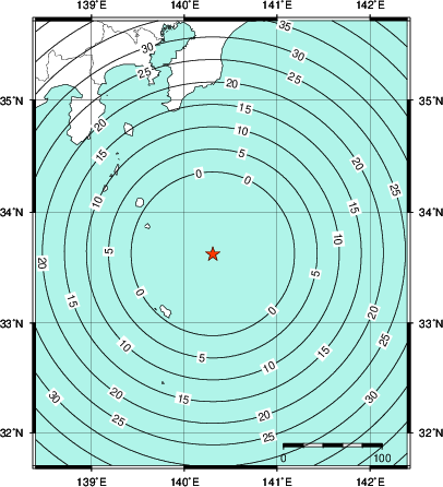 緊急地震速報第1報提供から主要動到達までの時間及び推計震度分布図