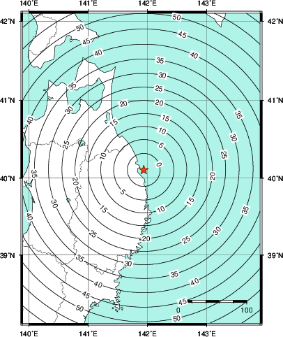 緊急地震速報第1報提供から主要動到達までの時間及び推計震度分布図